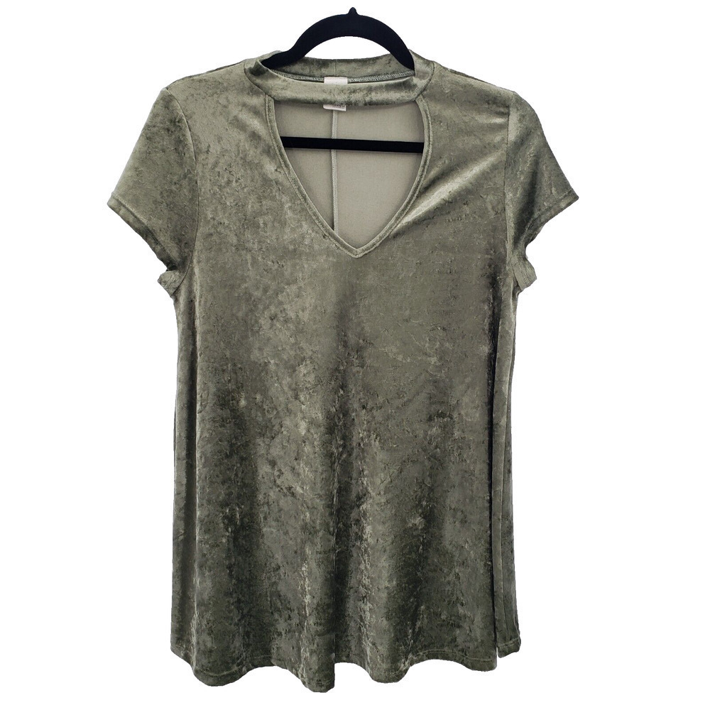 Sun & Moon Green Crushed Velvet Knit Top Womens Small Keyhole Short Sleeve Flare